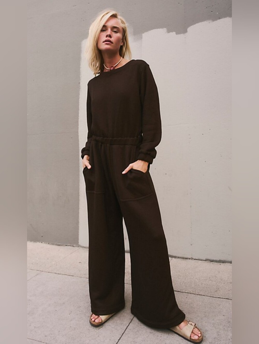 Free People Darla One-Piece Brown Wide Leg Jumpsuit Long Sleeve Boho Pockets S/P